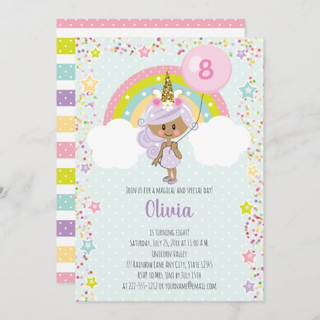 Unicorn Girl Birthday Invite Any Age Dark Skin (Front/Back)