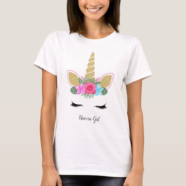 Unicorn Girl Cute Glitter Tropical Floral Outfit T-Shirt (Front)