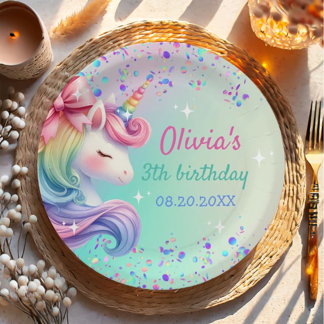 Unicorn Girl Magical Pastel Rainbow Birthday Paper Plate (Creator Uploaded)