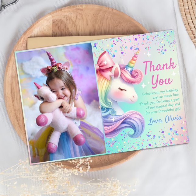 Unicorn Girl Magical Pastel Rainbow Birthday Photo Thank You Card (Creator Uploaded)