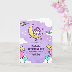 Unicorn Girl Two Purple Birthday Invitation Folded