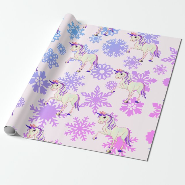 Unicorn  Girl Whimsical  Pink Cute Snowflakes Wrapping Paper (Unrolled)