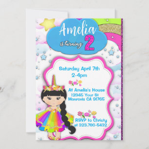 Unicorn girls 2nd birthday party invitation
