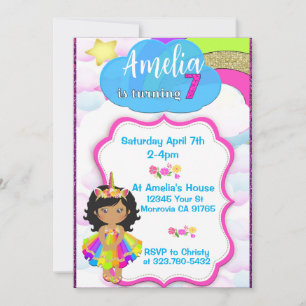 Unicorn girls 7th birthday party invitation