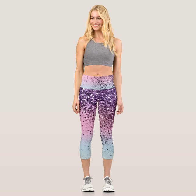 Unicorn Girls Glitter #6c (Faux Glitter) #shiny  Capri Leggings (Front)