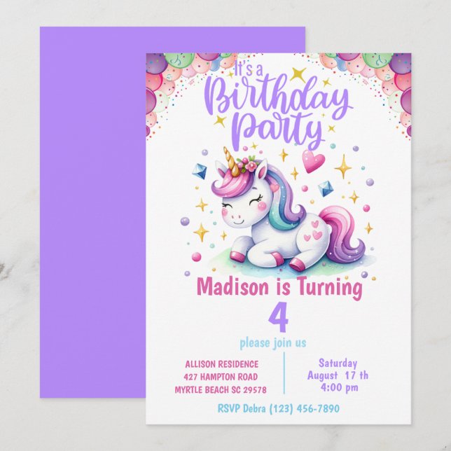  Unicorn Girls Rainbow Colours  Birthday Invitatio Invitation (Front/Back)