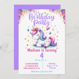Unicorn Girls Rainbow Colours  Birthday Invitatio Invitation