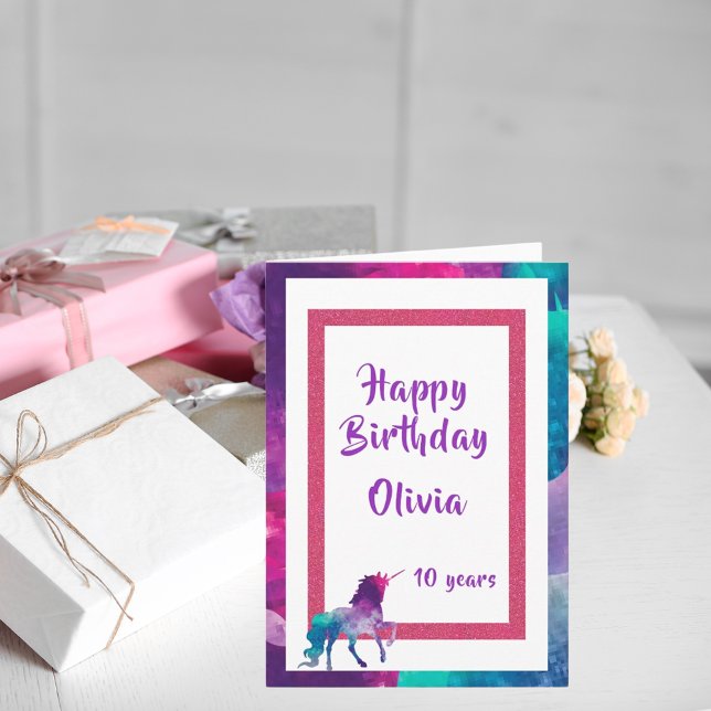Unicorn girly fantasy pink purple 10th birthday card (Creator Uploaded)