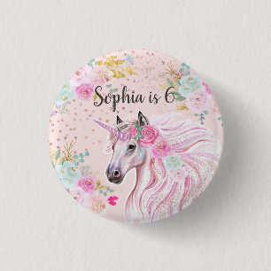Unicorn Girly Pink Floral Gold Glitter Name Age 3 Cm Round Badge