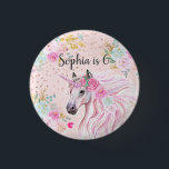 Unicorn Girly Pink Floral Gold Glitter Name Age 3 Cm Round Badge<br><div class="desc">Beautiful birthday button for any girl that loves unicorns. Pretty pastels cotton candy pink, light blue and cream flowers around the edge and down the unicorns mane with gold leaves and rose gold glitter sparkles. This magical unicorn design can be personalised with your own name, age or text - click...</div>