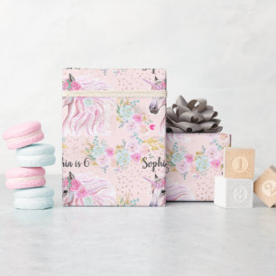 Unicorn Girly Pink Floral Gold Glitter Name Age  Wrapping Paper