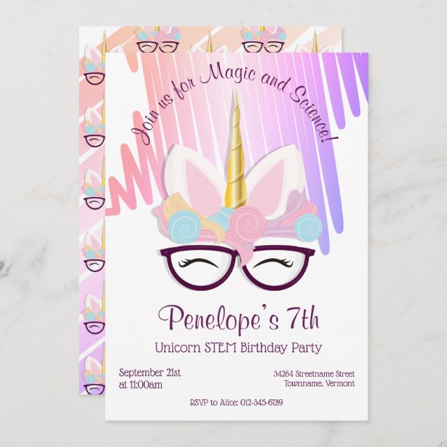 Unicorn Glasses Magical STEM Birthday Invitation (Front/Back)