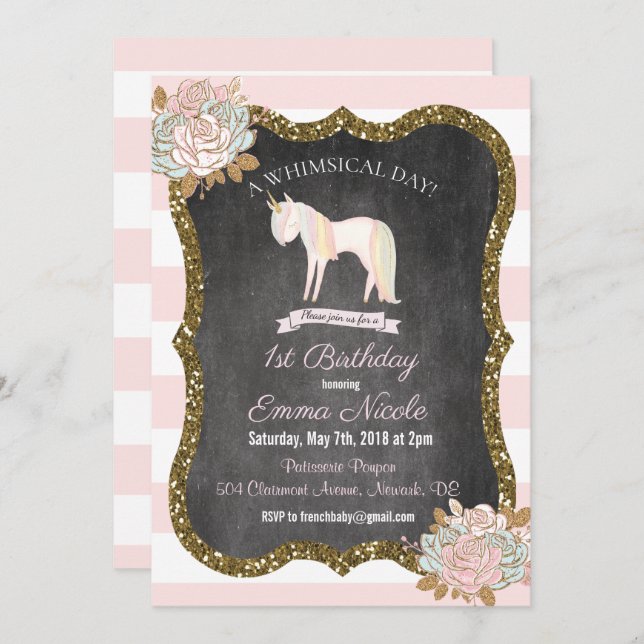 Unicorn Glitter 1st First Birthday Invitation (Front/Back)