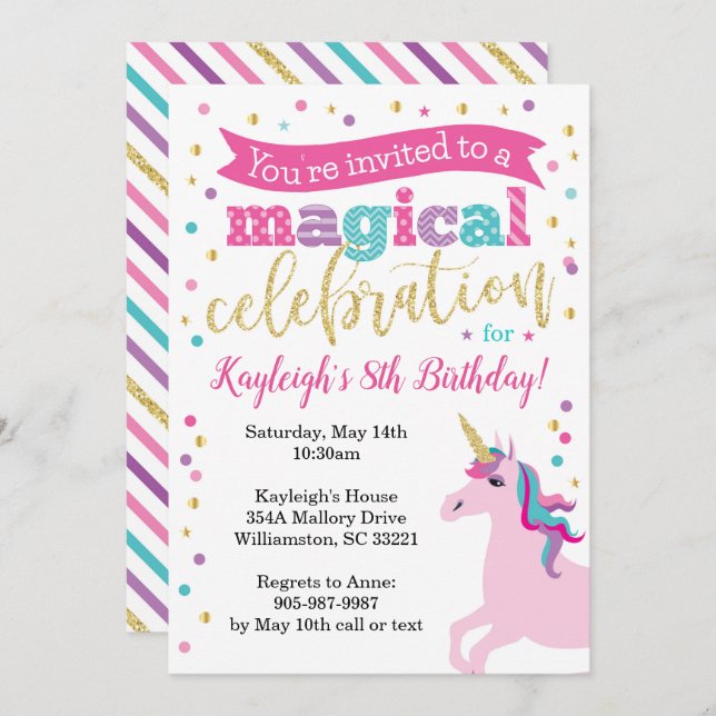 Unicorn Glitter Birthday Party Invitation (Front/Back)