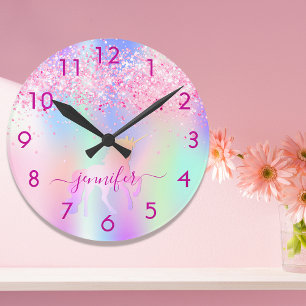 Unicorn glitter blush pink purple monogram name round clock