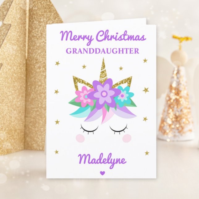 Unicorn Glitter Christmas For Granddaughter Purple Holiday Card (Creator Uploaded)