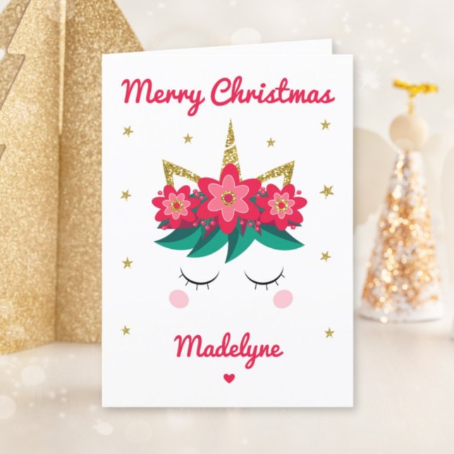 Unicorn Glitter Christmas Personalised Name Holiday Card (Creator Uploaded)