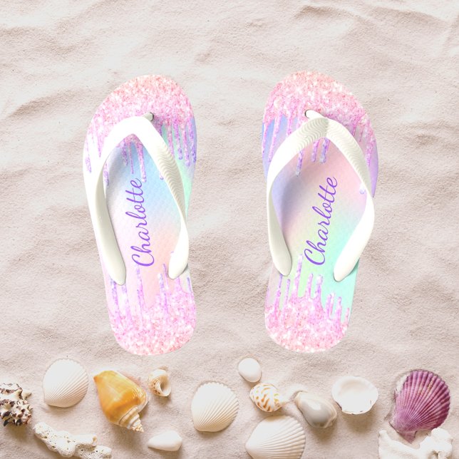 Unicorn glitter drips name girly holographic kid's thongs (Creator Uploaded)
