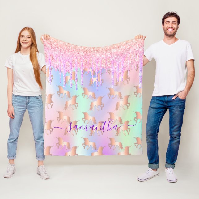 Unicorn glitter drips pink name holographic script fleece blanket (In Situ)