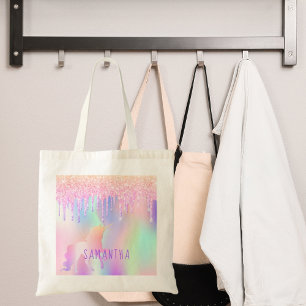 Unicorn glitter drips pink purple name holographic tote bag