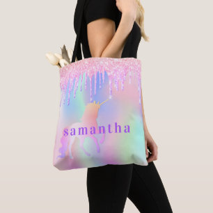 Unicorn glitter drips pink purple name tote bag