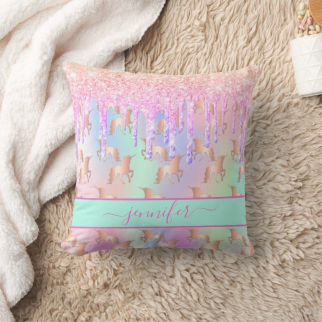 Unicorn glitter drips rainbow girl pink name cushion (Blanket)