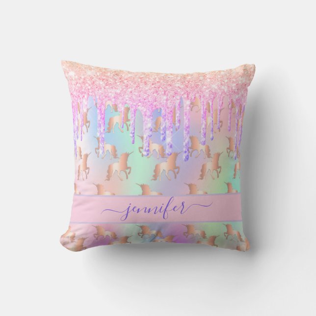 Unicorn glitter drips rainbow girl pink name cushion (Front)