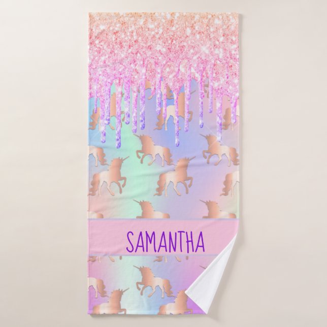 Unicorn glitter drips rainbow pink purple name bath towel (Bath Towel)