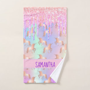 Unicorn glitter drips rainbow pink purple name bath towel set