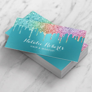 Unicorn Glitter Drips Teal Makeup Artist Salon Business Card