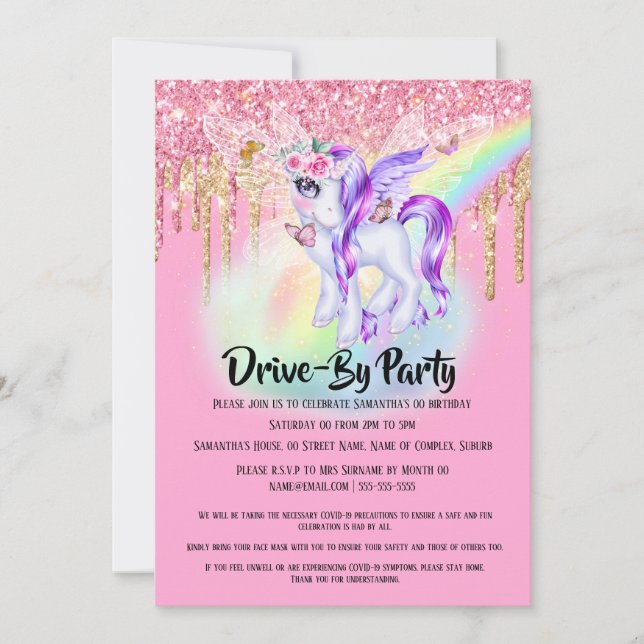 Unicorn glitter fairy pink purple rainbow girls invitation (Front)