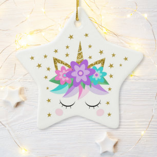 Unicorn Glitter Flowers Stars Personalised Ceramic Ornament