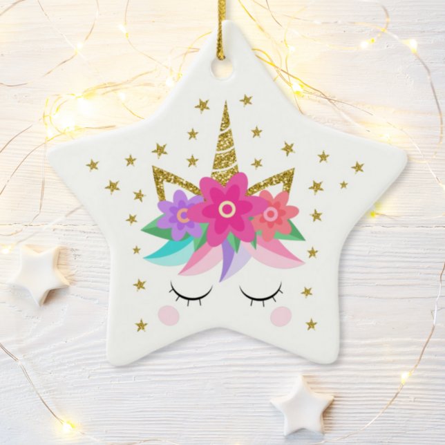 Unicorn Glitter Flowers Stars Personalised Ceramic Ornament (Creator Uploaded)