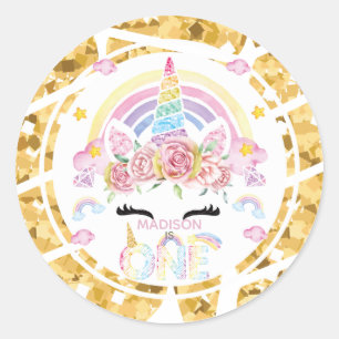 Unicorn Glitter Gold Personalised First Birthday Classic Round Sticker