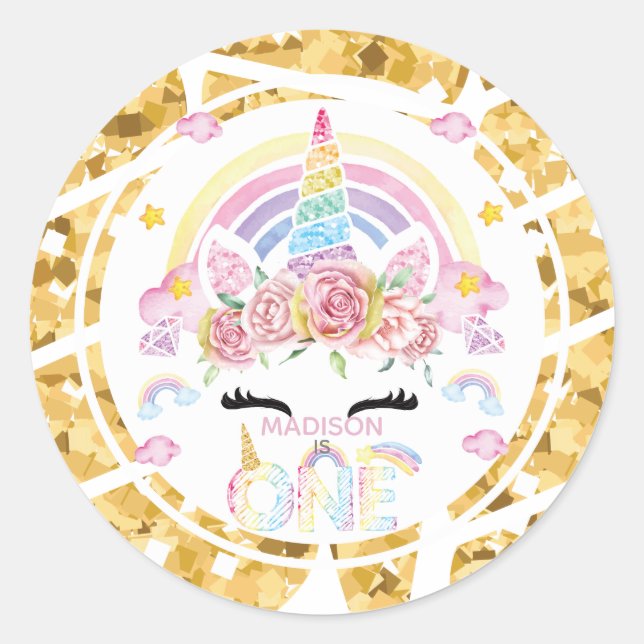 Unicorn Glitter Gold Personalised First Birthday Classic Round Sticker (Front)