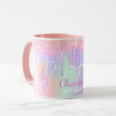 Unicorn glitter pink holographic monogram name mug (Front Left)