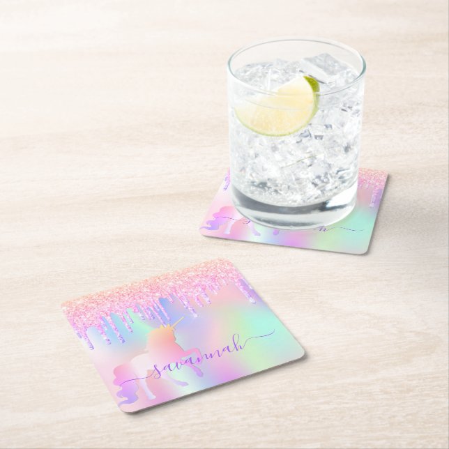 Unicorn glitter pink iridescent rose gold birthday square paper coaster (Insitu)