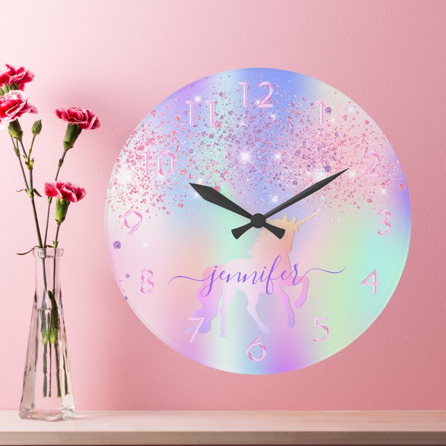 Unicorn glitter pink purple monogram name large clock (Creator Uploaded)