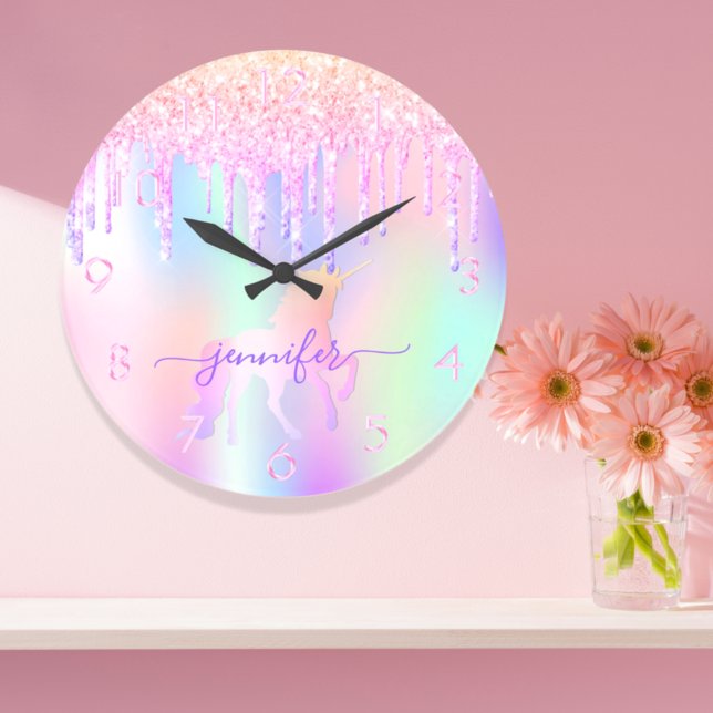 Unicorn glitter pink purple name girl large clock (Creator Uploaded)