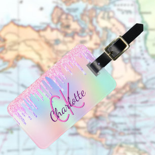 Unicorn glitter pink rainbow holographic monogram luggage tag