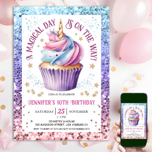 Unicorn Glitter Rainbow Cupcake   10th Birthday Invitation