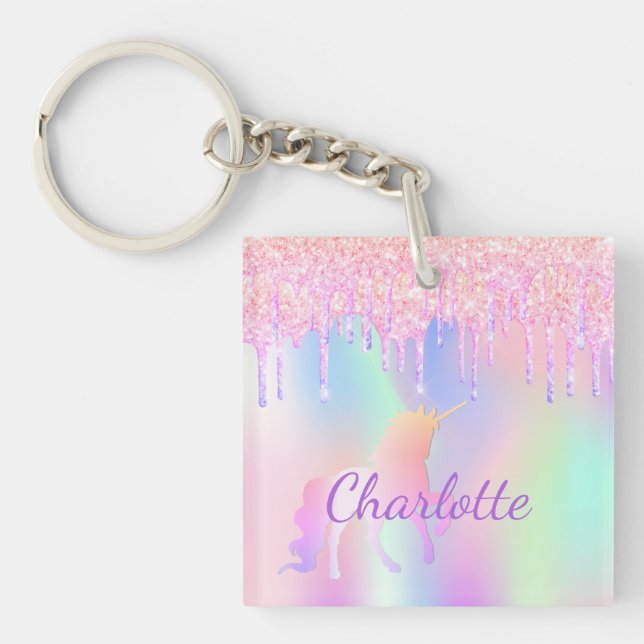 Unicorn glitter rainbow monogram name holographic key ring (Front)
