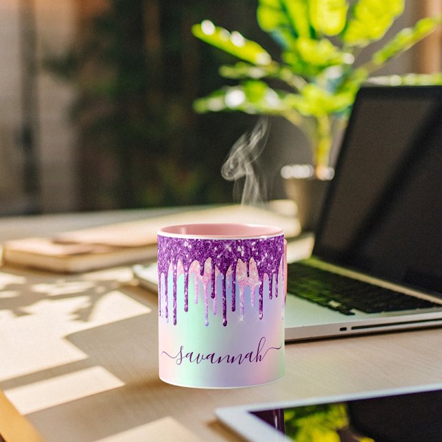 Unicorn glitter rainbow pink monogram holographic  mug (Creator Uploaded)
