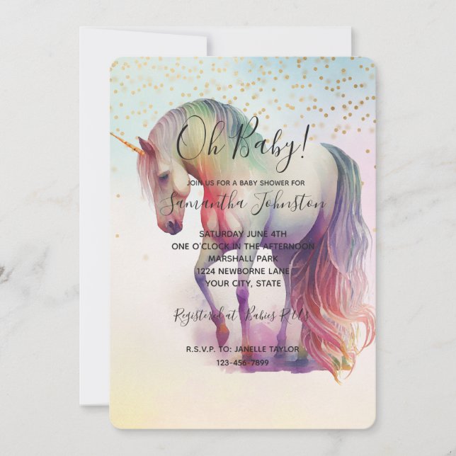 Unicorn Gold Confetti Sparkle Baby Shower Invitation (Front)