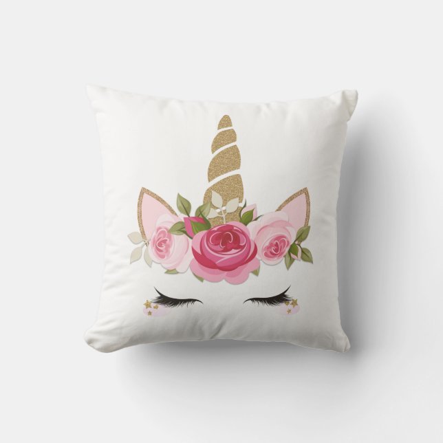 Unicorn Gold Floral Cute Trendy Throw Pillow (Front)
