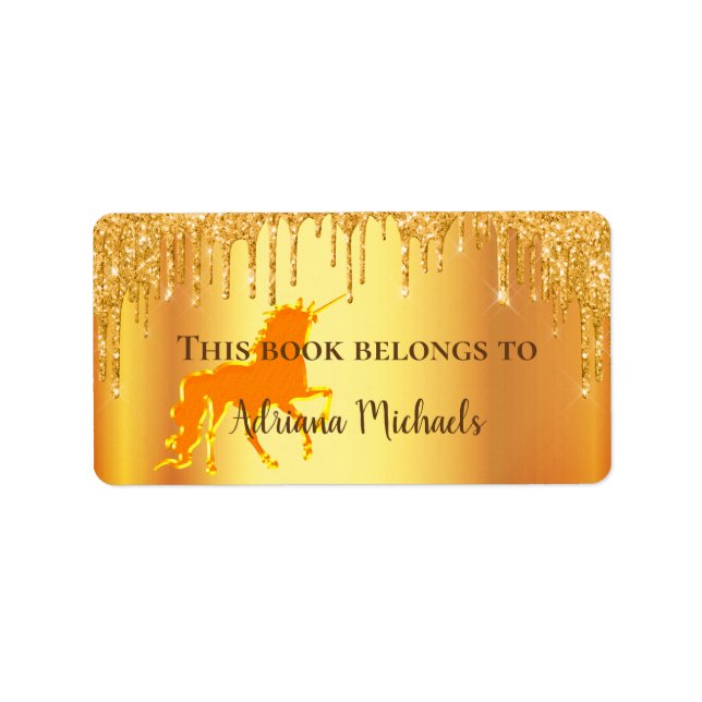 Unicorn gold glitter drips bookplate label (Front)