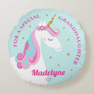 Unicorn Gold Glitter Stars Aqua Granddaughter Round Cushion