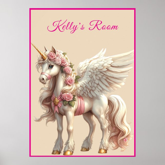 Unicorn Gold Horn Pink Roses & Ribbon Poster (Front)