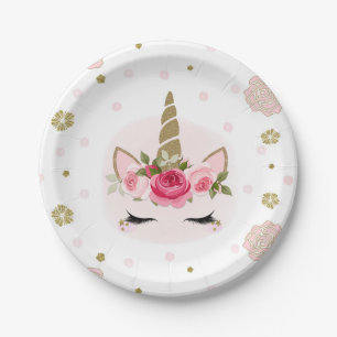 Unicorn Gold Pink Floral Blooms Cute Trendy Party Paper Plate