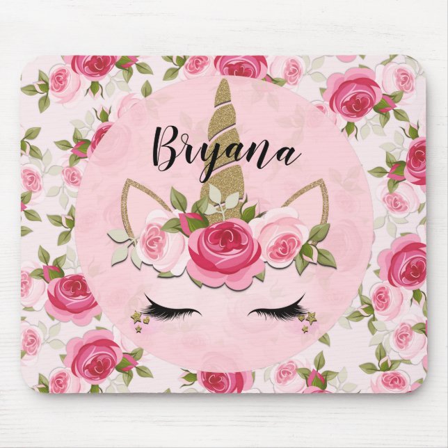 Unicorn Gold Pink Floral Roses Cute Trendy  Mouse Pad (Front)